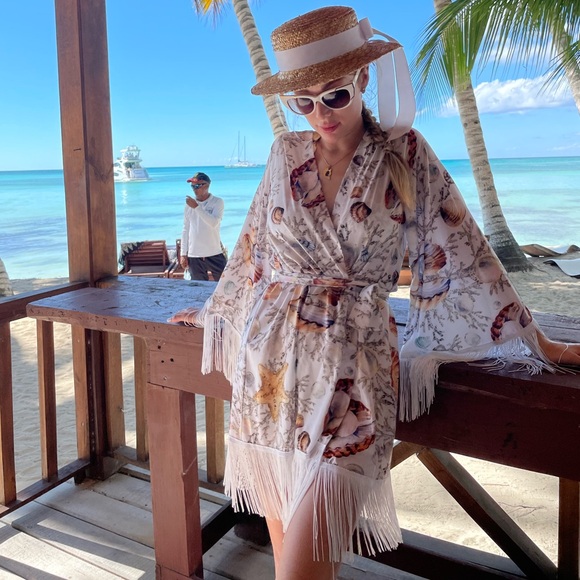 Empire Of Summer Beach Cover-Up with Seashell Print and Fringe Size S-M - Picture 5 of 6